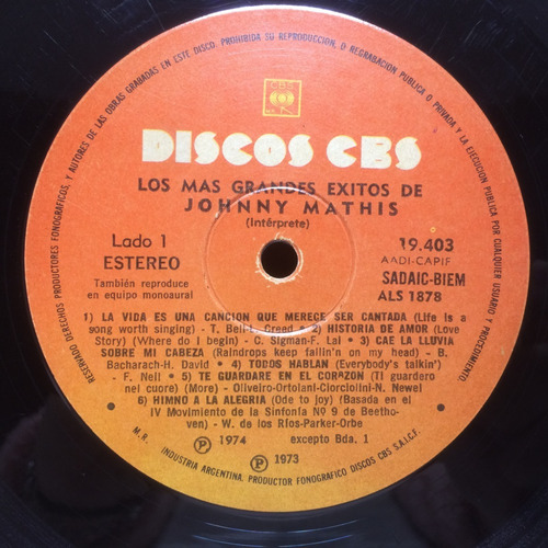 Vinilo Los Mas Grandes Exitos De Johnny Mathis Lp 1973 Arg (Usado)