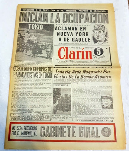 Primer Ejemplar Diario Clarin 28/08/1945  Muy Buen Estado 