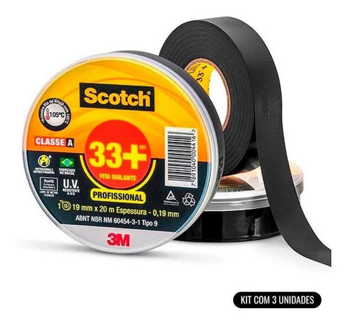 Fita Isolante 33+ Scotch 20 Metros Kit Com 3 Unidades 3m