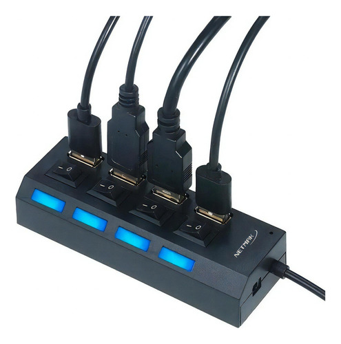 Hub Usb 2.0 4 Puertos Netmak Con Switch Interruptor Y Luz