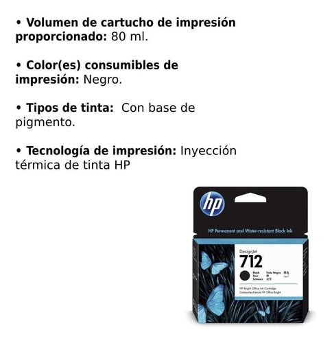 Imagen 2 de 5 de Cartucho De Tinta Hp Desingjet 712 Negro 80ml