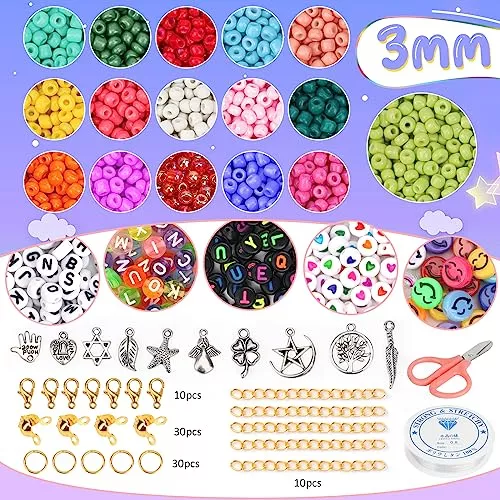 7000PCS 3mm Glass Seed Beads Bracelets Making Kit，400pcs Alphabet Letter  Beads for Jewelry Making and Crafts with Elastic String Cords，Pendants