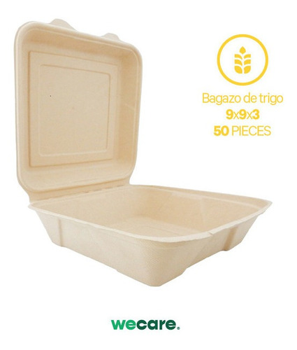 We Care - 50 Contenedores 9x9x3 Biodegradable Y Compostable