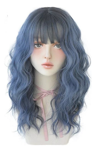 De Peluca Azul Ondulado Con Flequillo Para Mujer, Cabello