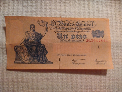Billete 1 Peso Argentino Ley 12962 Serie L Año 1947