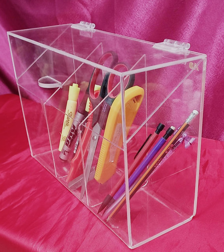 Organizador 3 Div De Brochas Acrílico Con Tapa