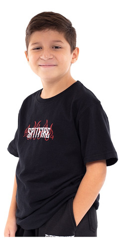 Polera Manga Corta De Niño Junior  Long Fit Fire Negro Rojo 