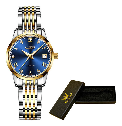 Reloj De Lujo Olevs Con Calendario Mecánico De Acero Color Del Fondo Silver Gold Blue