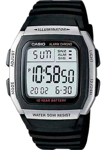 Relógio Preto Da Casio Unissex Digital W-96h-1avdf Bisel Prata Fundo LED