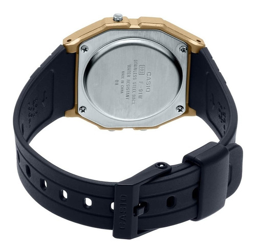 Imagen 3 de 3 de Reloj pulsera Casio Collection F-91 de cuerpo color dorado, digital, fondo dorado, con correa de resina color negro, dial negro, minutero/segundero negro, bisel color negro y hebilla simple