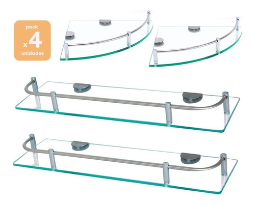 Pack X4 Estante Esquinero Rectangular Repisa Vidrio Baño Set