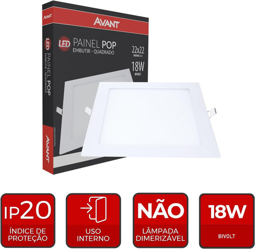 Luminária Plafón Led de Teto Avant Quadrado de Sobrepor 18W na Cor Branco 100V/240V Bivolt
