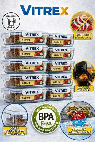 Kit 10 Pote De Vidro Marmita Hermético 640ml ​Freezer Fitness Vitrex Branco