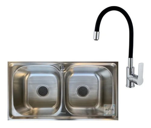 Imagen 2 de 6 de Pileta Bacha Cocina Doble 78x42+válvulas+monocomando Acra