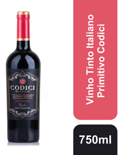 Vinho Tinto Italiano Masserie Primitivo Puglia 750ml Codici