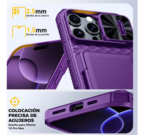 Funda Para iPhone 16 Pro Max Con Tarjetero (4-5 Tarjetas) Botón Control Cámara Tapa Deslizante Resistente A Los Golpes Tipo Billetera Púrpura + 2 Mic