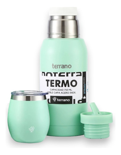 Kit Set Matero Terrano Verde Agua Termo 750ml + Mate + Tapon