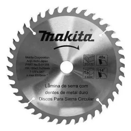 Hoja Sierra Circular Makita185mm 7 1/4 40 Dientes D-51356