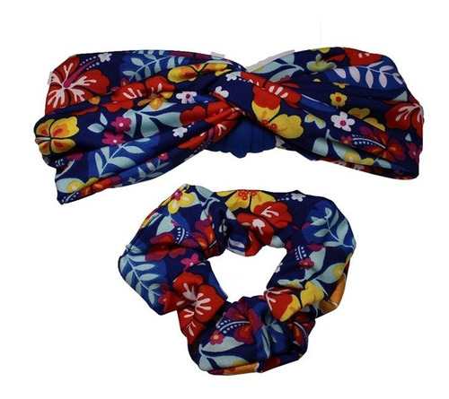 Banda Estampado Tropical Azul Rey Con Blanco + Scrunchie