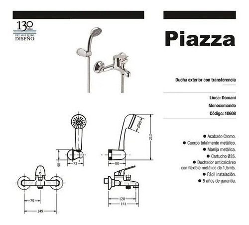 Imagen 2 de 8 de Griferia De Baño Piazza Ducha Exterior Transferencia Domani