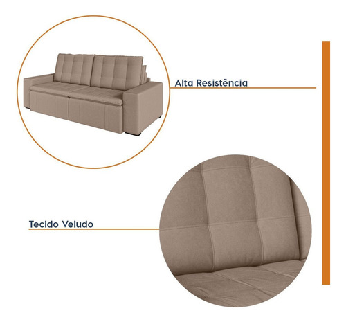 Sofá Cama Retrátil E Reclinável 3 Lugares 220cm Em Veludo