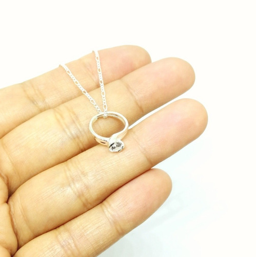 Collar Con Mini Anillo Compromiso Sencillo 15mm De Plata 925 Color Blanco