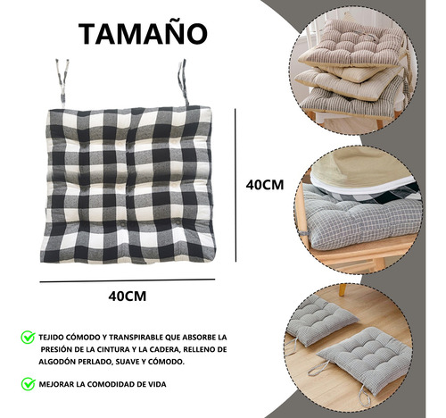 Cojín De Silla Suave Con Estampado De Cuadros 40x40cm Negro Liso