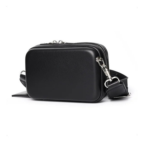 Bandolera Porta Celular Mujer Morral Rígido Mini Bolso Acabado De Los Herrajes Plateados Color Negro Diseño De La Tela Liso
