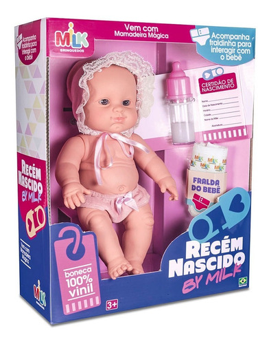 Boneca Bebê Vinil Recém Nascido - C/ Mamadeira Mágica - Milk