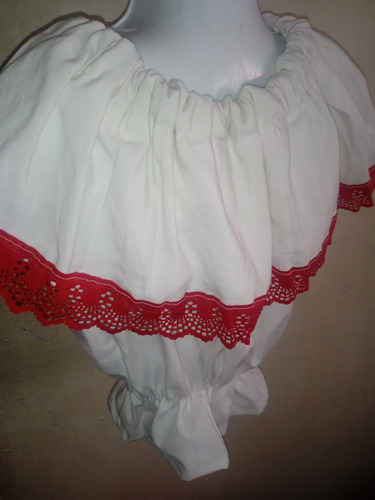 Blusa Llanera De Niña Blanca De Encaje Rojo Talla 6-8 Años