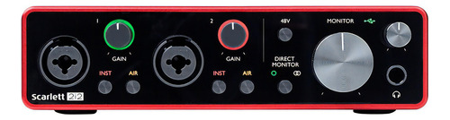 Interface de áudio Focusrite Scarlett 2i2 vermelha de 3ª geração