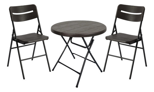Mesa Circular De 80cm + 2 Sillas De Plástico HDPE Acabado Madera Color Cafe oscuro Tipo Madera Set de jardín balcón terraza estructura acero reforzado color negro Artego