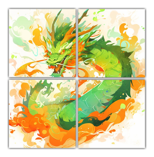 100x100cm Cuadro Dragón Verde Naranja, Arte Neo Pop Hogar