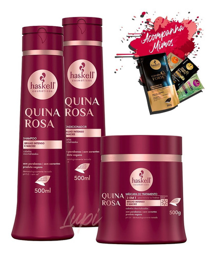  Kit Haskell Quina Rosa Shampoo Condicionador Máscara 500g