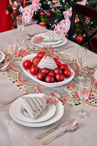 Mantel Navideño Rectangular Para 6 Sillas. Flor De Navidad
