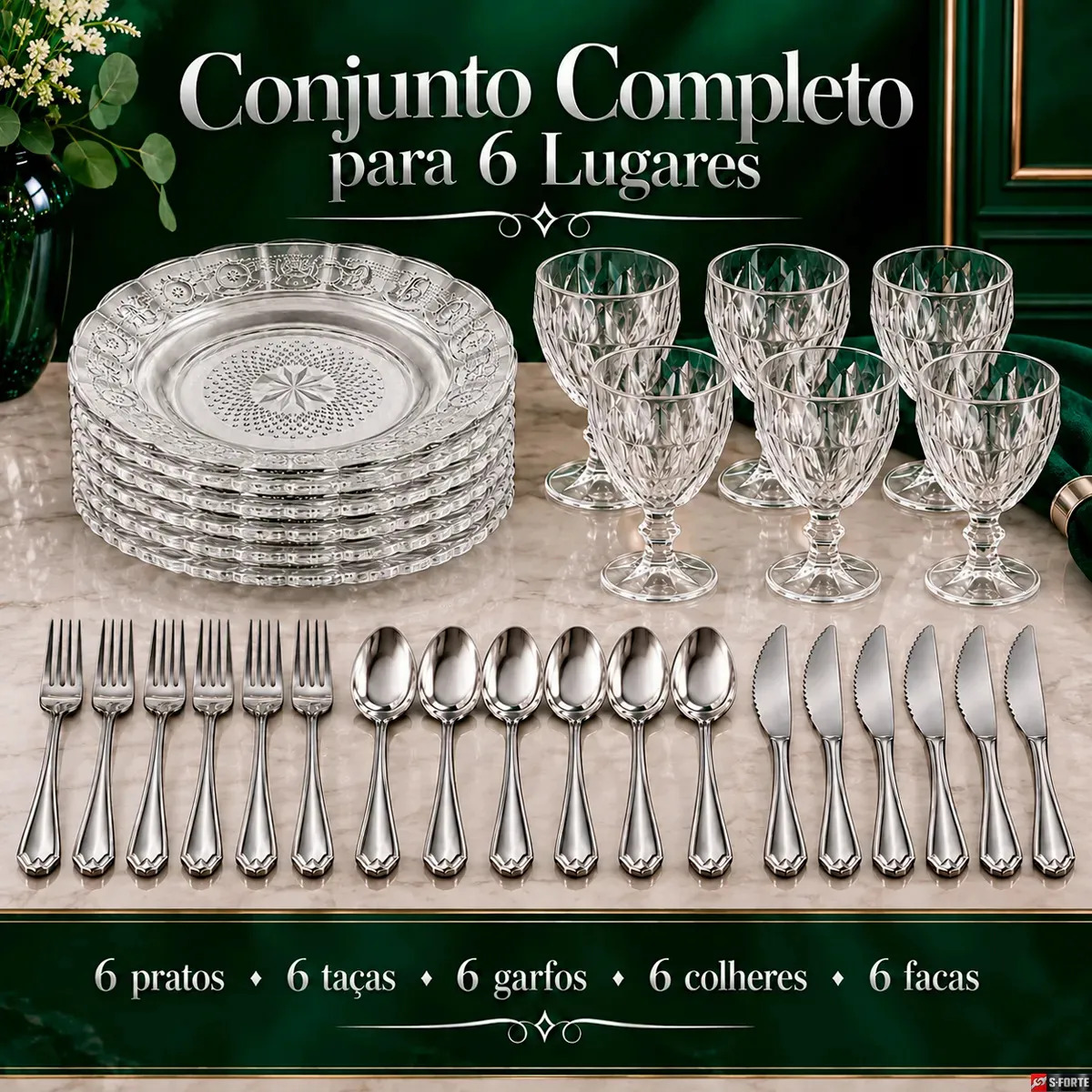 Aparelho de Jantar Sforte 30 Peças com Pratos e Taças de Vidro e Talheres em Inox