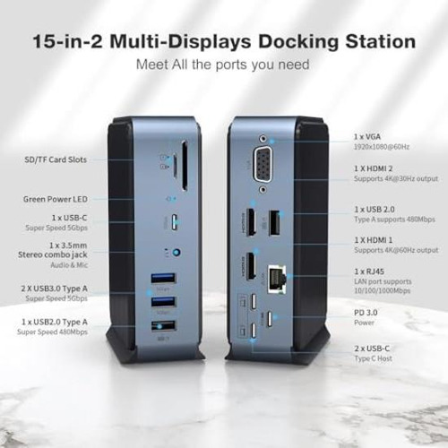 Adaptador Usb C 15 En 2, Concentrador Usb C Para Monitor Dua