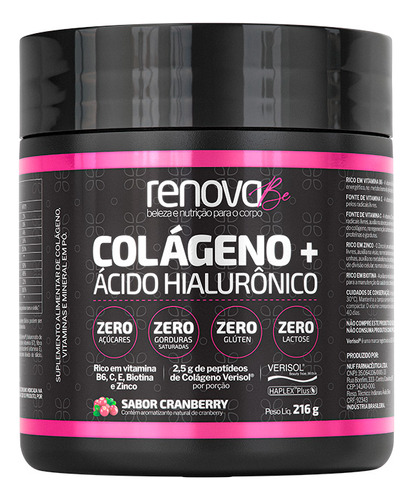 Suplemento en polvo Renova Be  Colágeno Hidrolisado Vitamina Verisol Colágeno Renueva Be Con Ácido Hialurónico ácido hialurônico colágeno verisol sabor cranberry en pote de 216mL