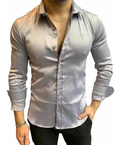 Camisa Masculina Manga Longa Acetinada Elastano Slin Zip Off