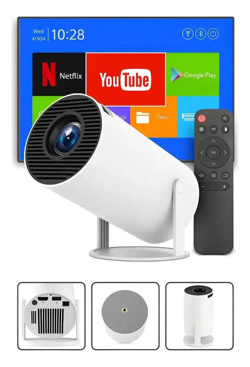 Mini Projetor Davely HY300 4K Android com Wi-Fi e Bluetooth Portátil Cinema Em Casa Imagem Nítida Controle Remoto Tela Grande Para Filmes Jogos Aulas Apresentações Alto Falante