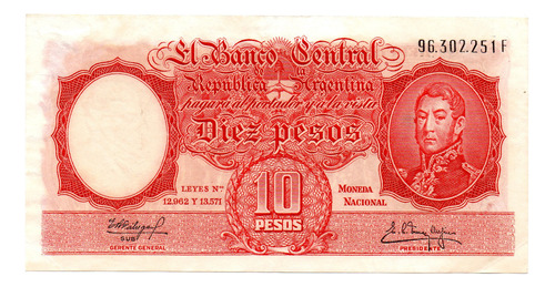 Billete 10 Pesos Moneda Nacional Bottero 1970 Año 1961 Usado