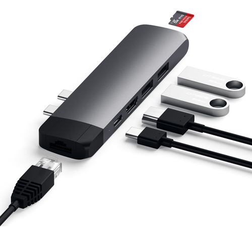 Adaptador Hub Usb-c Satechi P/ Macbook Pro E Air Com Hdmi 4k, Ethernet Rj-45, Usb-a, Usb-c Pd, Leitor Sd E Microsd Estação Completa Para Trabalho, Estudo E Home Office