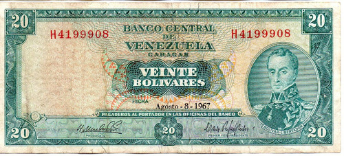 Billete 20 Bolivares 1967 Venezuela De Coleccion Serie S