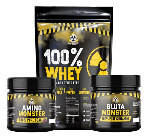 Kit Monster Whey Protein 100% 2kg Bcaa 300g Glutamina 300g