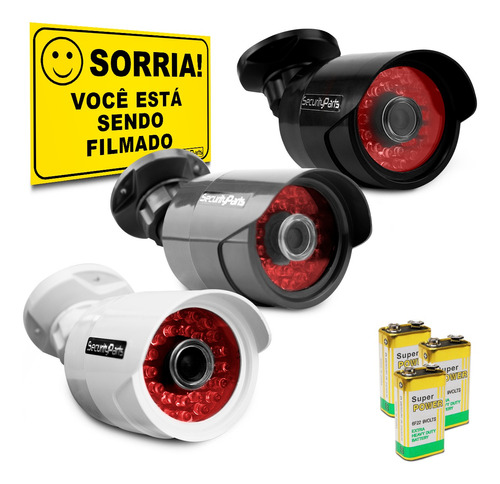 3 Câmera Falsa C/ Led À Pilha Sem Fio Bullet + Placa Sorria