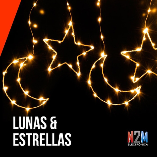 Imagen 6 de 10 de Cortina Led Estrellas Lunas Tira 3 Metros Calido 220v