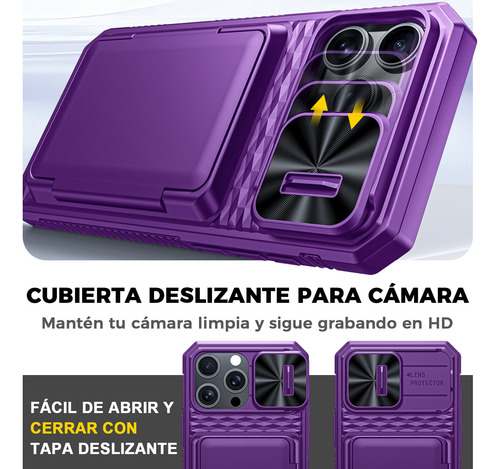 Funda Para iPhone 16 Pro Max Con Tarjetero (4-5 Tarjetas) Botón Control Cámara Tapa Deslizante Resistente A Los Golpes Tipo Billetera Púrpura + 2 Mic