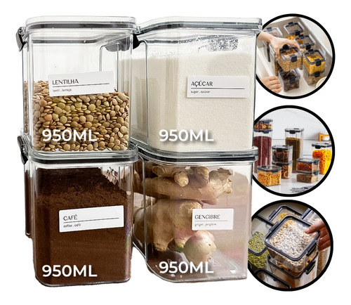 Kit 4 Potes Herméticos 950ml Empilháveis Porta Mantimentos