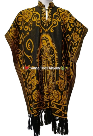 Brown/Black Jorongo Poncho Gavan Mexico Virgen Guadalupe Reversible 2 in 1 Women 