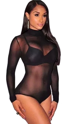 Body Bori Tule Transparente Manga Longa Na Promoção 